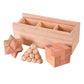 Wooden puzzle box with star lock, cube lock, and small ball-like pieces