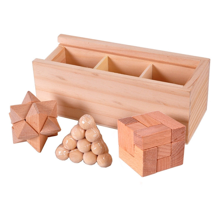 Wooden puzzle box with star lock, cube lock, and small ball-like pieces