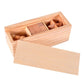 Wooden puzzle box set with open lid showing stacked wooden lock pieces