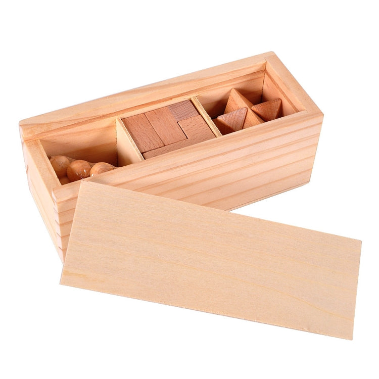 Wooden puzzle box set with open lid showing stacked wooden lock pieces
