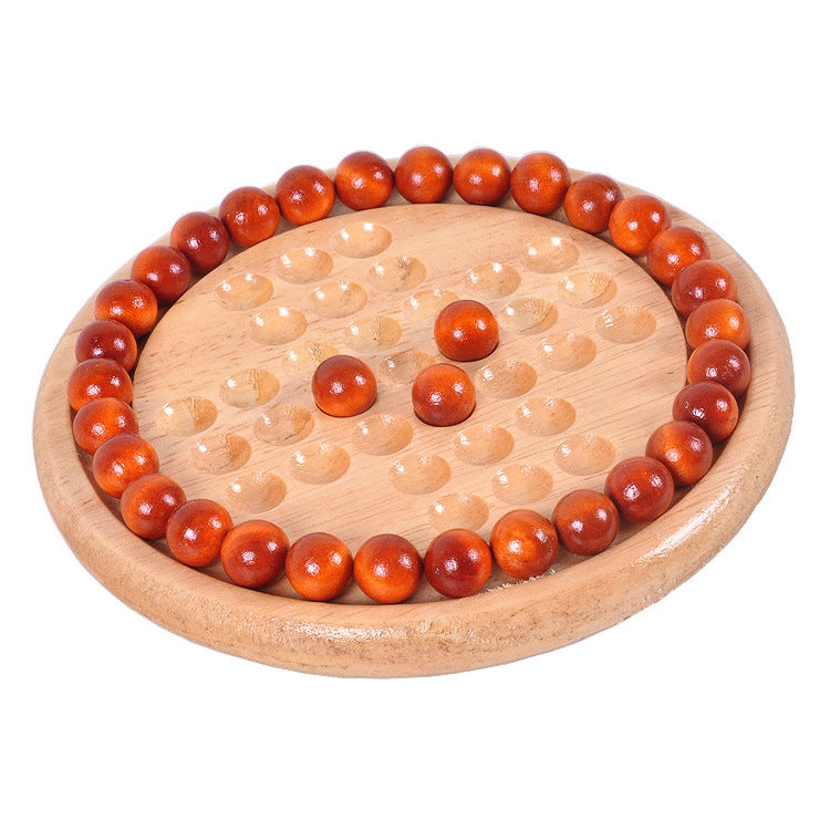 Round wooden chessboard game with orange-red beads and beige dots