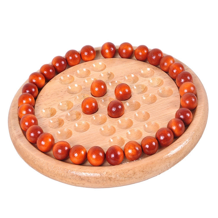 Round wooden chessboard with orange-red pieces and beige grid dots
