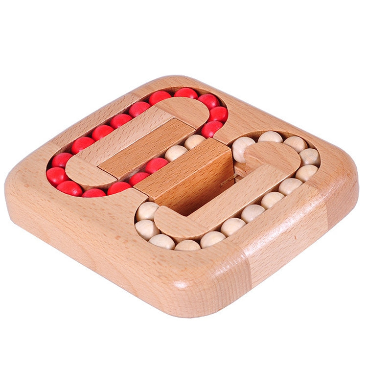 Wooden ball maze toy with interlocking channels and red/white wooden balls