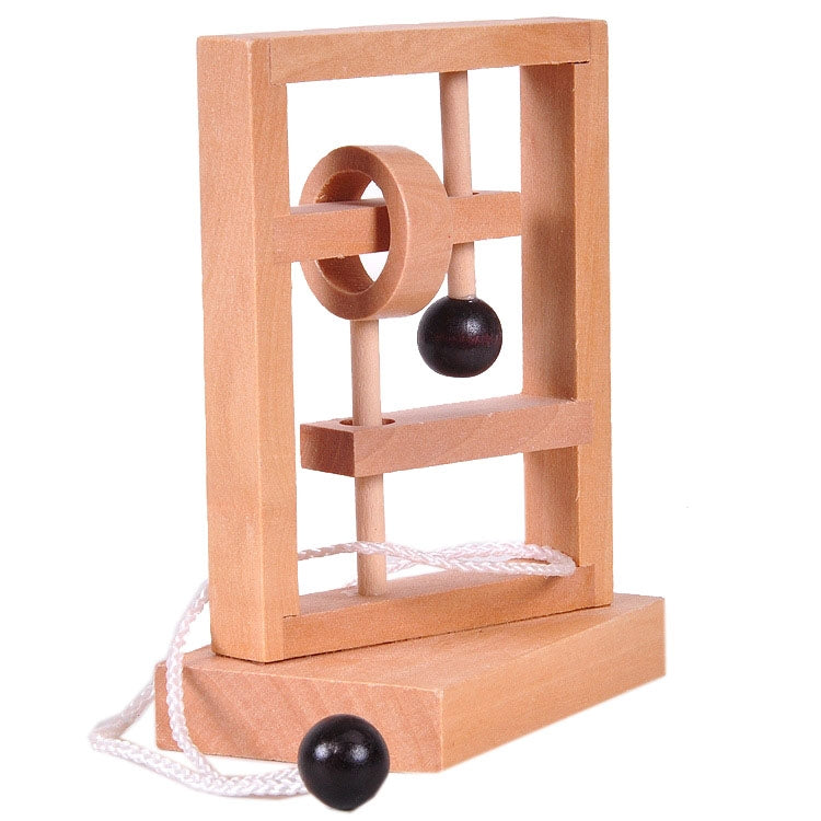 Wooden untie rope thinking puzzle game with dark ball and circular cutout on frame