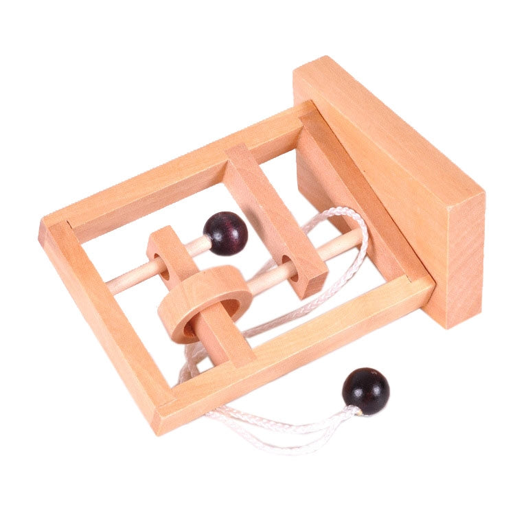Wooden 3D untie rope puzzle game with rope and rotating pegs plus dark wooden balls