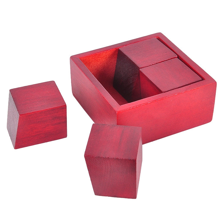 Red wooden block puzzle with open tray showing interior blocks