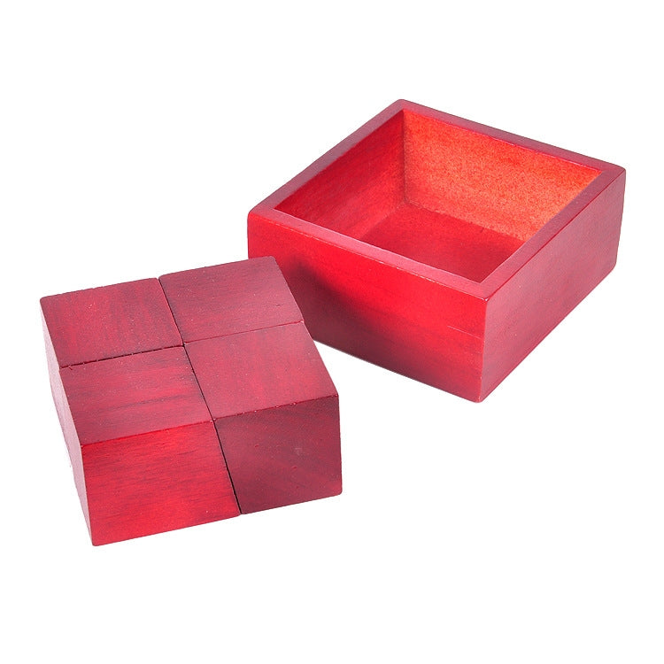 Red wooden block puzzle with open tray and flat four-block square piece
