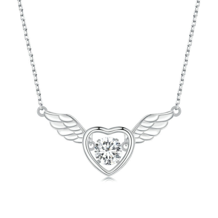 Sterling silver heart pendant necklace with white zircon and wing details