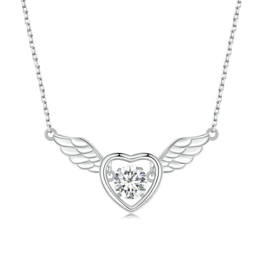 Sterling silver heart pendant necklace with white zircon and wing details
