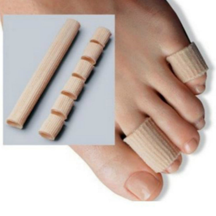 Beige toe separator sleeves covering two toes, ribbed protective design