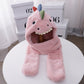 Pink dinosaur plush hat scarf set, one-size, rounded hood with cute face details