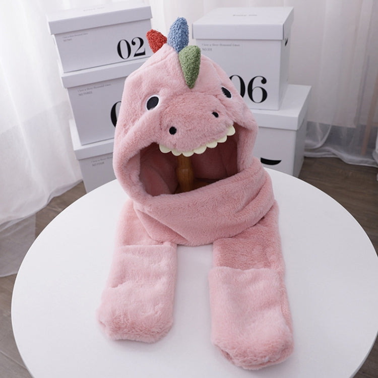 Pink dinosaur plush hat scarf set, one-size, rounded hood with cute face details