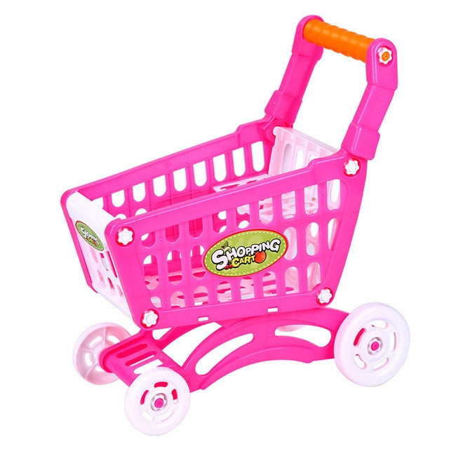 Pink plastic kids shopping cart toy with orange handle and four wheels