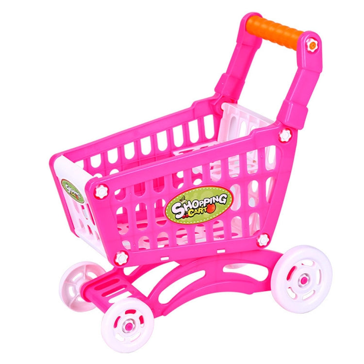 Pink plastic kids shopping cart with orange handle and four wheels