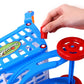 Blue plastic push shopping cart with red wheel; hand gripping orange lever