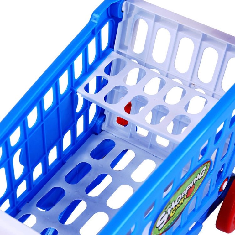 Blue plastic shopping cart interior tray and wheels detail