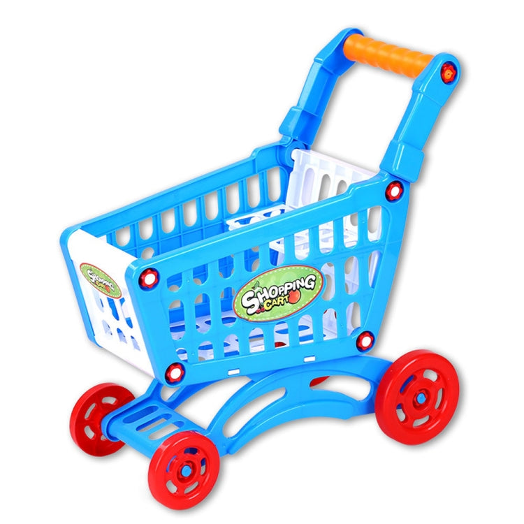 Blue plastic kids shopping cart toy with orange handle and red wheels