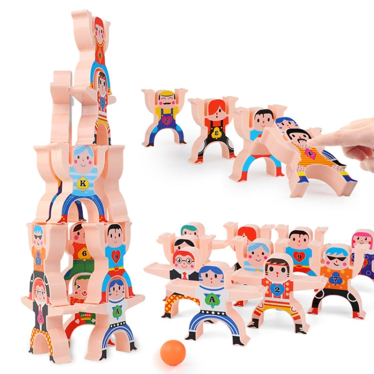 Pastel acrobatic stacking block figures with numbered letters A–K and orange ball