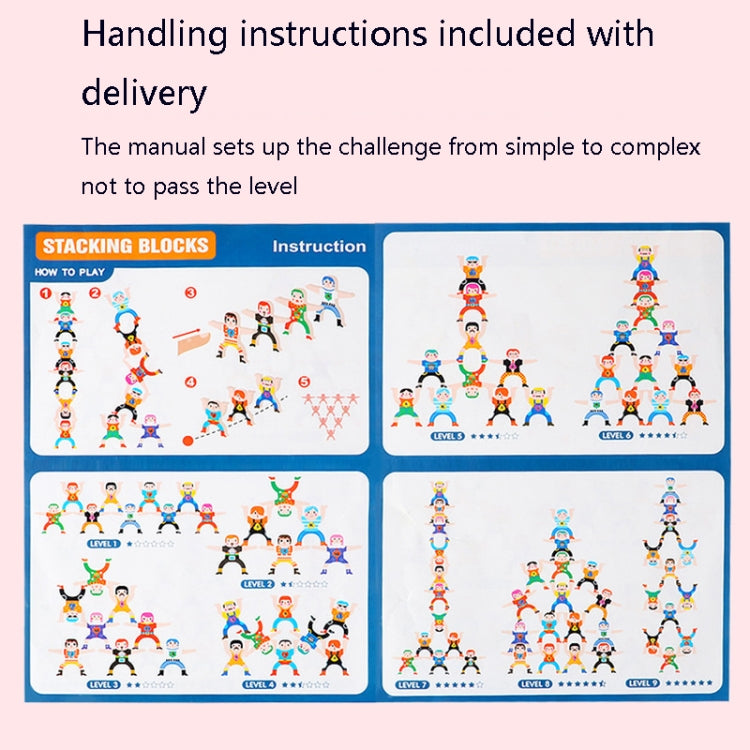 Instruction card with diagrams for stacking block levels and play steps