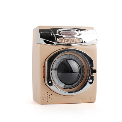 Toy washing machine with beige body and round front door window