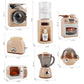 Toy kitchen appliance set size diagram with washing machine, oven, microwave, water dispenser