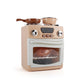 Toy stove oven with countertop burners, pots, and open oven door