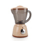 Toy blender with transparent pitcher and beige base with dial