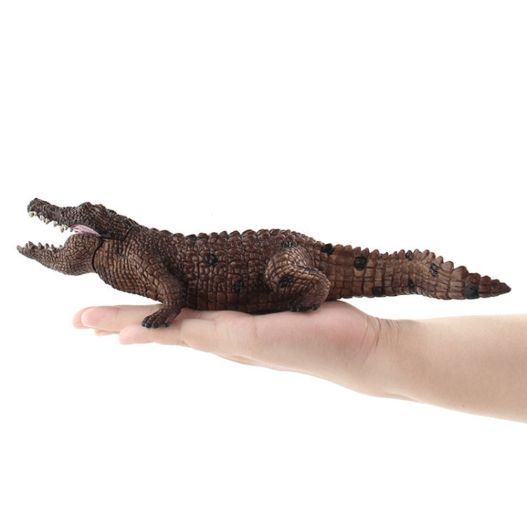 Brown crocodile model toy being held in a hand, showing tail and open jaws
