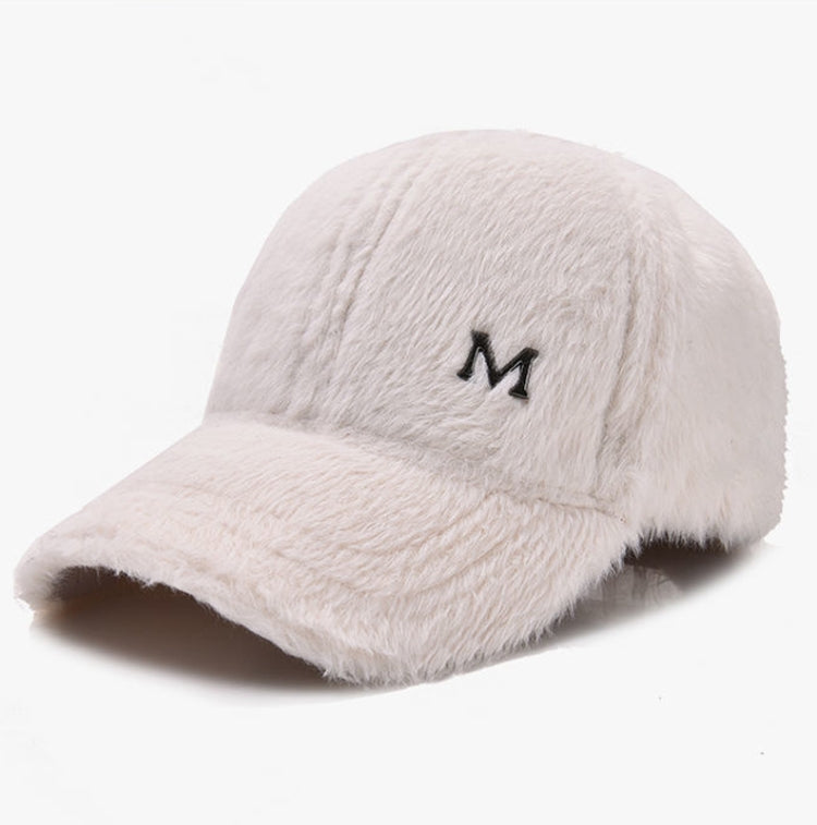 White plush baseball cap with curved brim and embroidered M logo