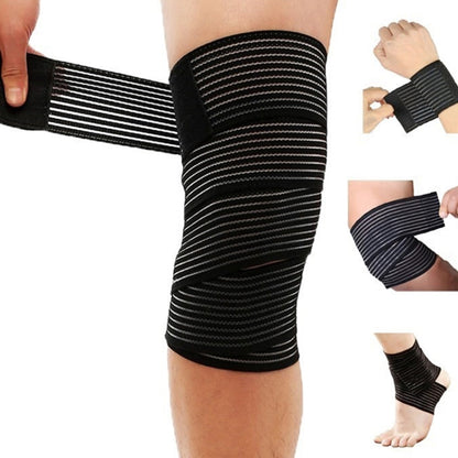 Black elastic knee pads with white pinstripes and wide wrap straps