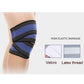 Blue-and-black striped knee bandage wrap with adjustable closure
