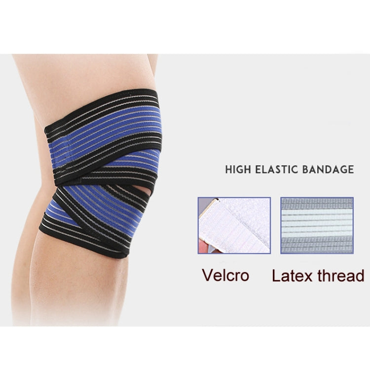 Blue-and-black striped knee bandage wrap with adjustable closure
