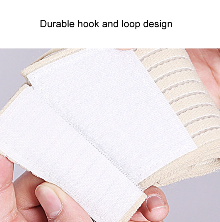 Cream elastic knee wrap with hook-and-loop closure patch and stitching detail