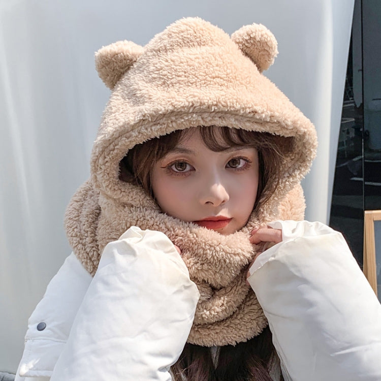 Plush bear-eared hood scarf with wraparound neck cover, beige