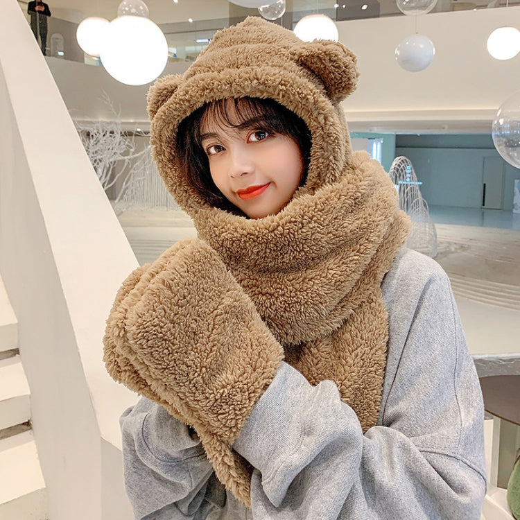 Plush bear-eared hood scarf with thick neck wrap, tan
