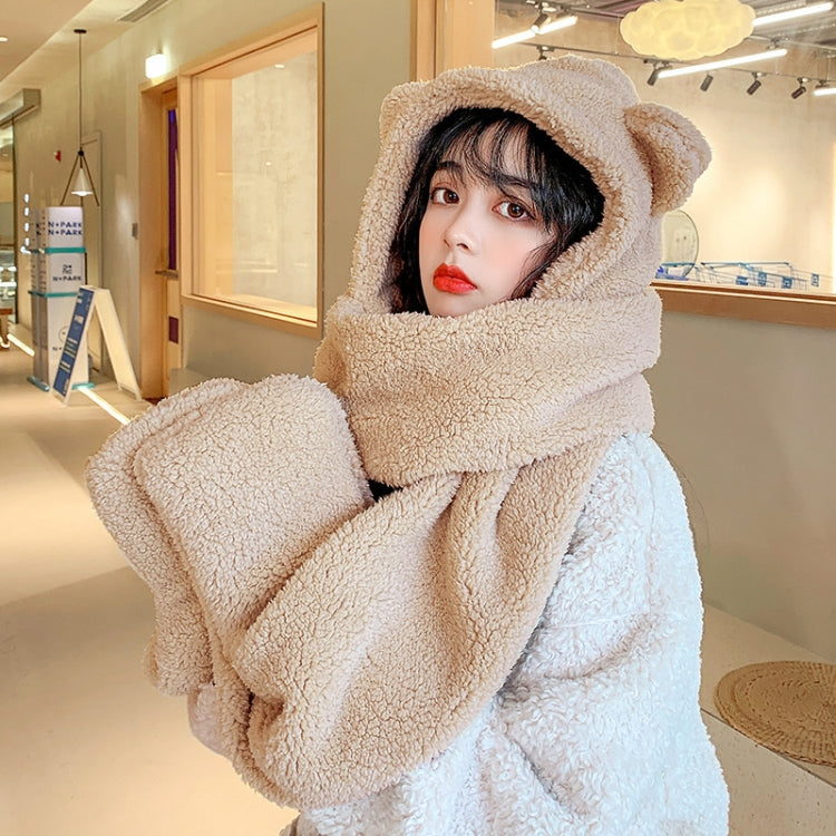 Plush bear-eared hood scarf with wraparound neck cover, cream