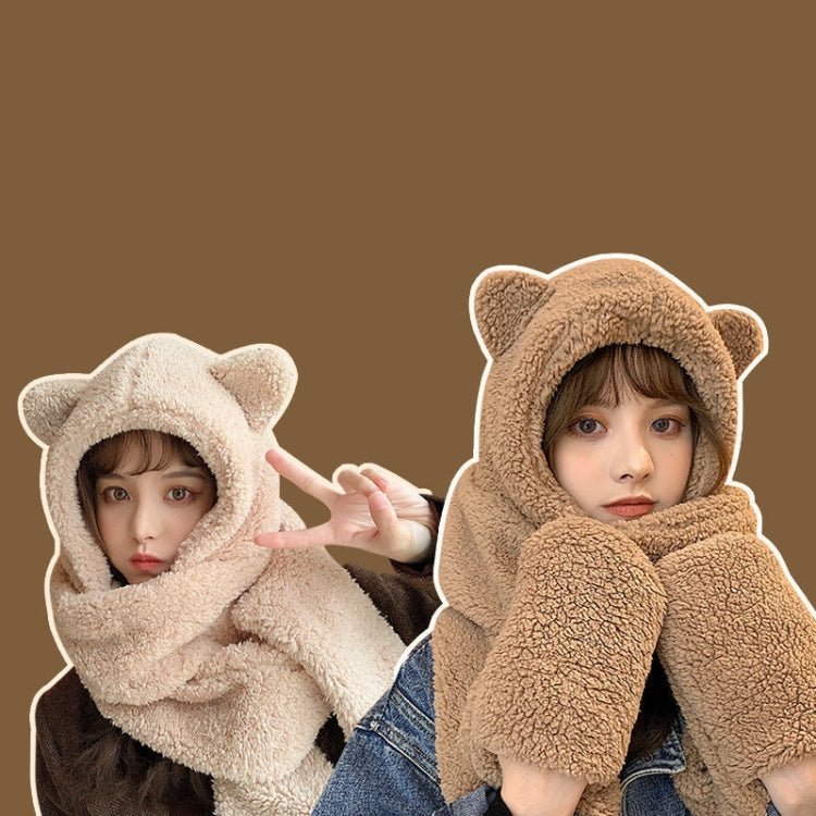 Set of plush bear-eared hood scarves with neck wraps, beige tones