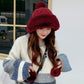 Wine red faux-fur knitted skullcap hat with two pom-pom balls
