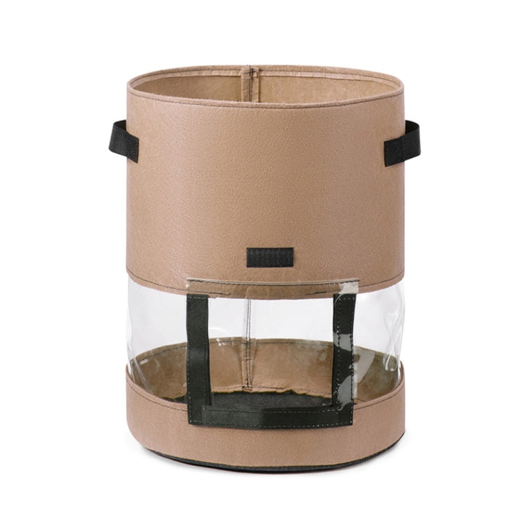 Transparent potato grow bag with tan fabric sides and black window panel, medium size.