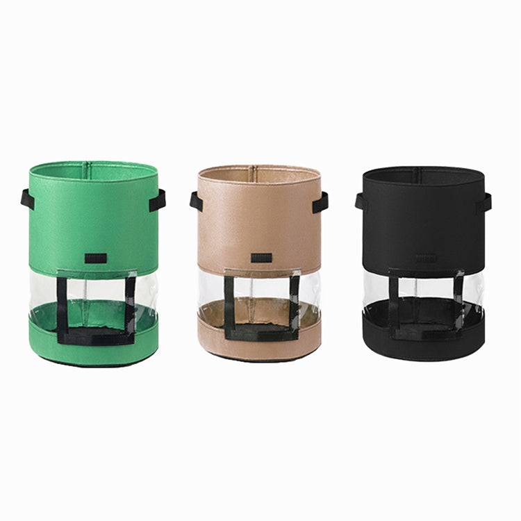 Three transparent potato grow bags in green, tan, and black with black window panels.