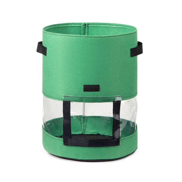Transparent potato grow bag with green fabric sides and black window panel, medium size.