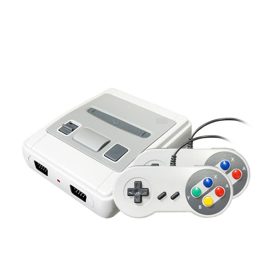 White mini 8-bit TV game console with gray controller, front AV ports and D-pad