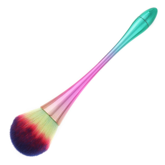 Multicolor powder makeup brush with teal-purple handle and rounded bristle head