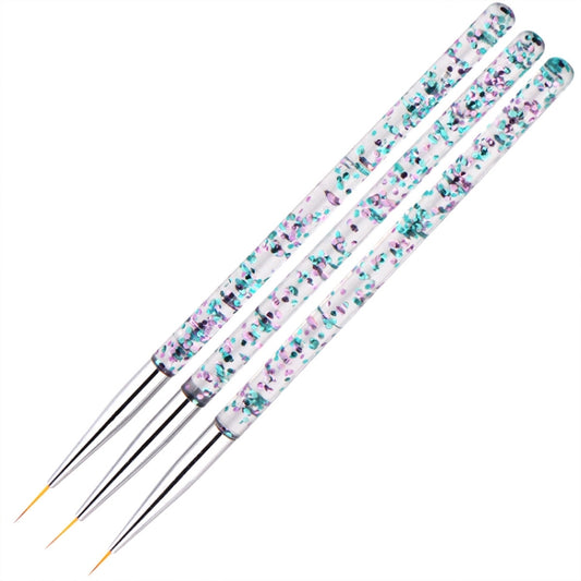 3 nail art detail brushes with silver tubes, glitter stems, fine pointed tips