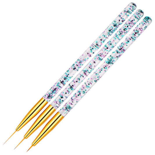 3 nail art detail brushes with golden tubes, glitter stems, fine pointed tips