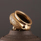 Antique brass censer furnace, angled side view with open rim and ornate engraved pattern.