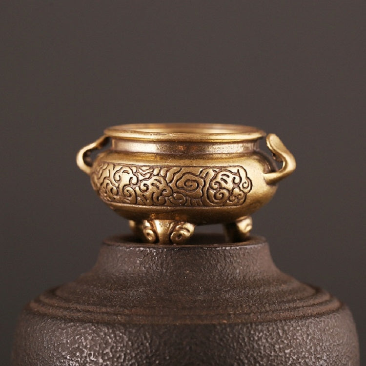 Antique brass censer furnace on pedestal base, top rim with loop handles and engraved body.