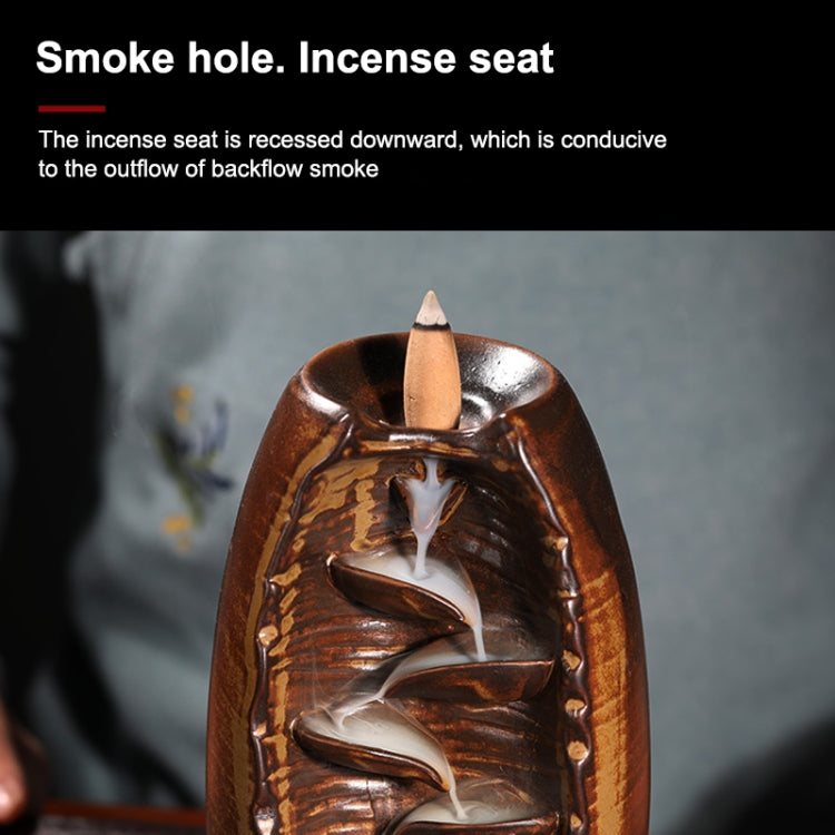 Brown ceramic incense burner with lotus backflow smoke opening and cone holder