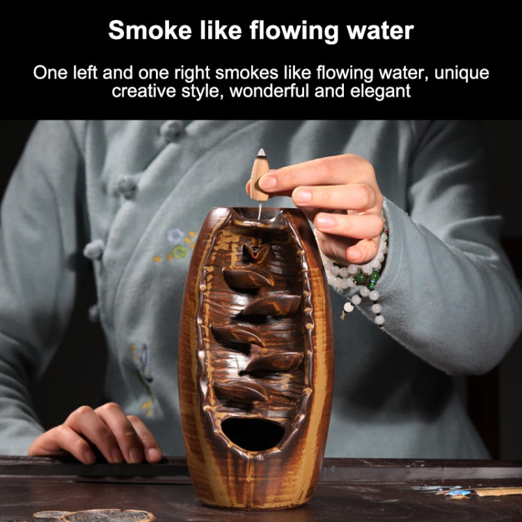 Brown ceramic lotus incense burner with hand holding incense above