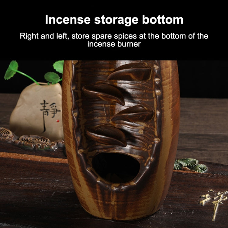 Brown ceramic lotus incense burner with storage area shown at bottom